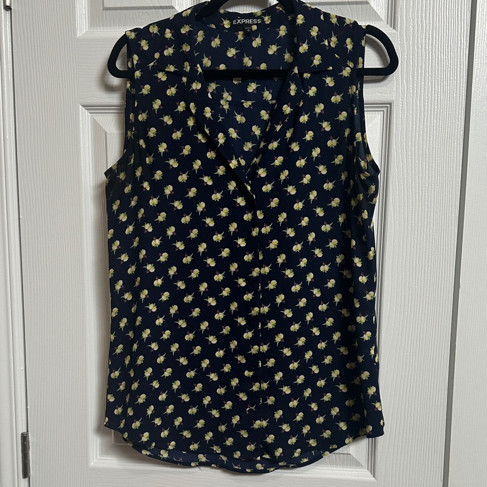 Express Navy Sleeveless Blouse with Lemon Pattern